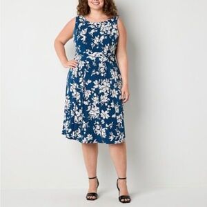 Perceptions Sleeveless Teal Blue Floral White Midi Plus Fit Flare Dress 1X NWT